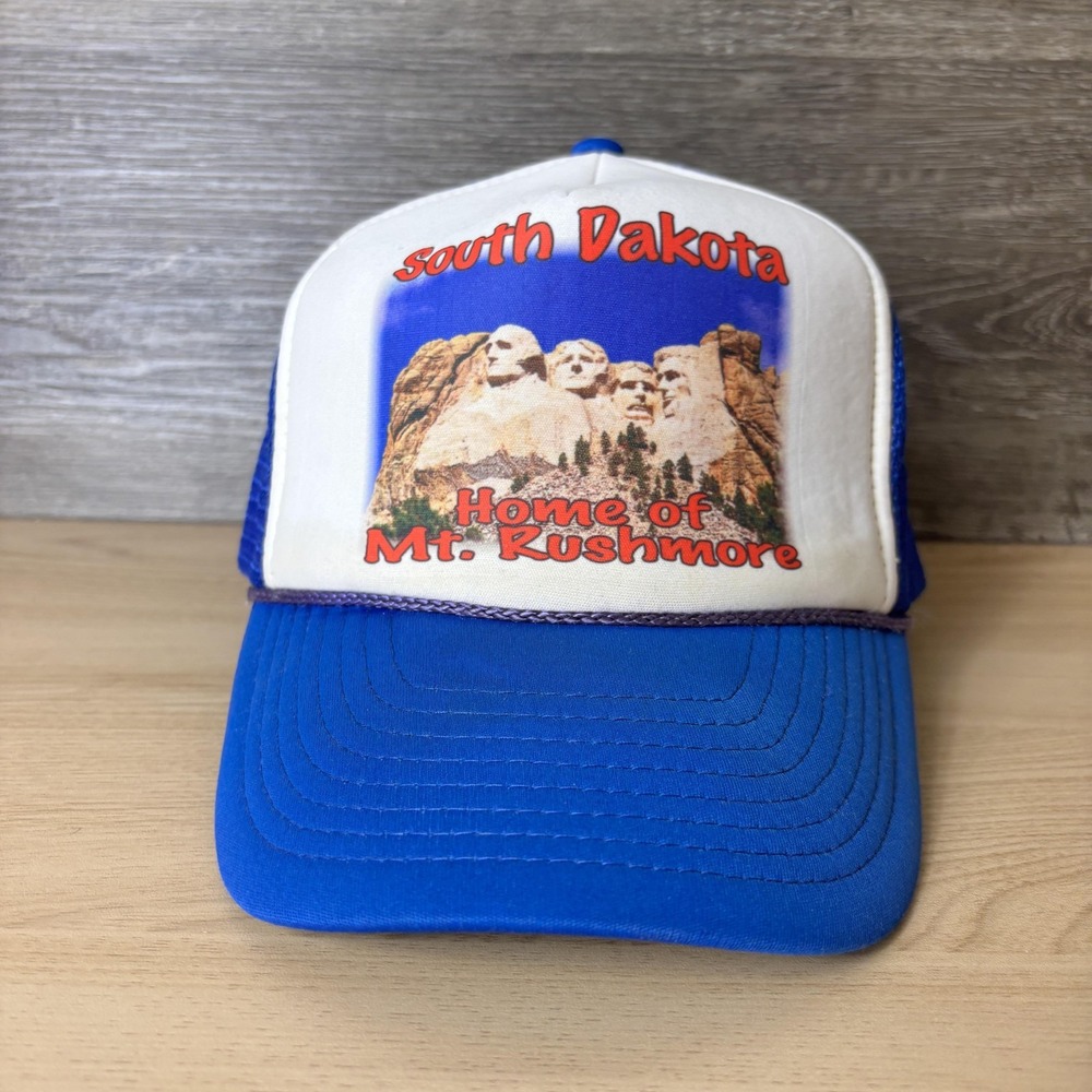 Vintage South Dakota Hat Cap Snap Back Blue White Mt Rushmore Trucker Souvenir